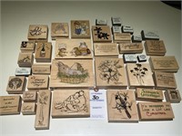 38 Various Rubber Stamps Mounted on Wood