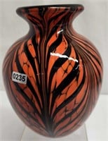 Fetty Black/Orange Pulled Feather Vase 7 1/4" Tall