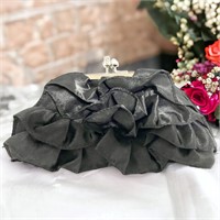 Black Satin Ruffled Dress Evening Clutch