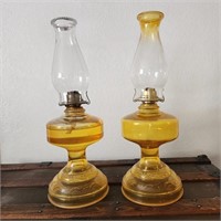 2 Etched Yellow Amber Oil Lamps