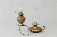 Vintage Brass Oil Lamps with Glass Chimneys