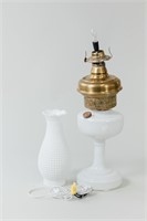 Vintage Milk Glass & Brass Table Oil Lamp