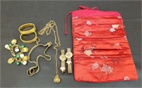 Red Satin Jewelry Bag w/ Assortment of Gold Tone