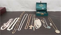 Vintage Jewelry Box w/10 Necklaces, 2 Bracelets,