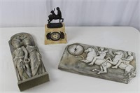 3 Faux Stone Greek/Roman Relief Sculptured Clocks