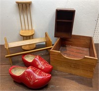 Wooden CD/ book racks, wooden shoes, box
