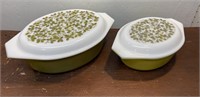 2 Pyrex green olive oval covered baking dishes