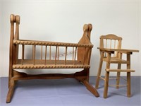 Wooden Doll Baby Bassinet and High Chair