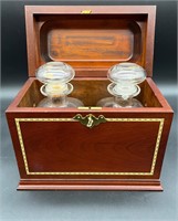 VTG DECANTERS IN WOODEN LOCK BOX w/ INLAY