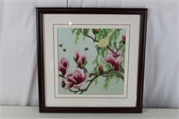 Framed Chinese Silk Art "Bird & Magnolia Tree"