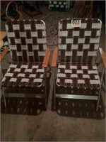Two wooden handled aluminum lawn chairs