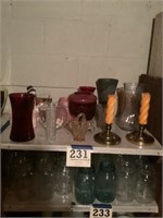 Shelf lot vases and brass candlesticks