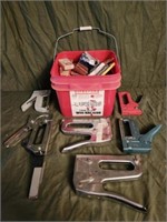 Lot of 6 Staple Guns With Bucket of Misc Staples