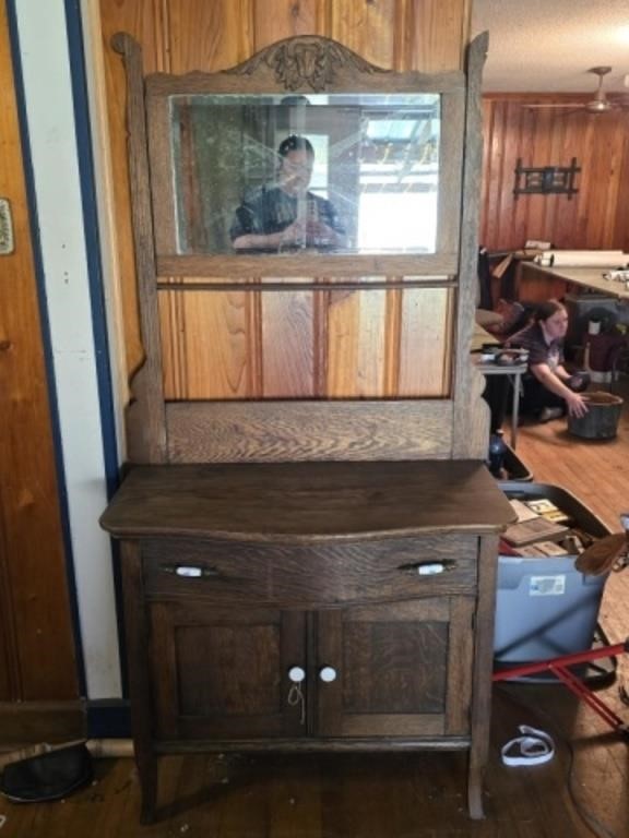 Antique Oak Wood Wash Stand With Mirror