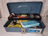 Metal toolbox with misc tools bulbs and more