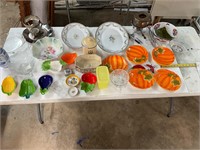 Painted platters, glsss, crystal- all