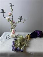 Metal Candle Holder And Purple Roses