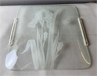 Etched Iris And Butterfly Glass Tray 12''x12''
