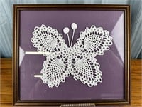 Framed Butterfly Crocheted Doily - Purple Matting