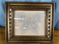 Framed Butterfly Crocheted Doily -gold Frame
