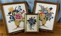 3 Framed Embroidery/crewel Florals