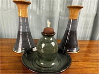 3 Hand Crafted Pottery Items - Candle Sticks &