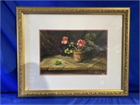 Framed Lithograph Still Life Flower In Flower Pot