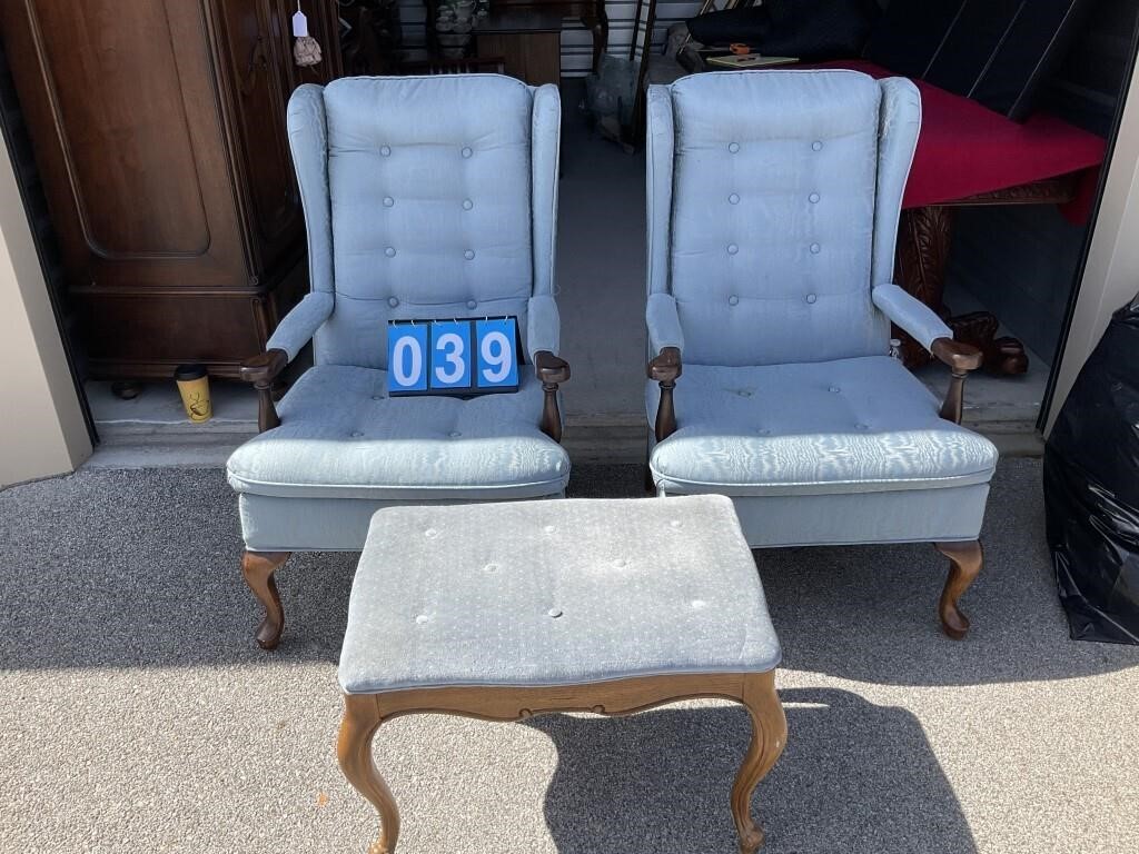 PAIR WING BACK CHAIRS W/ FOOTSTOOL