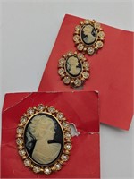 Cameo Gold Coloured Brooch And Earring Set