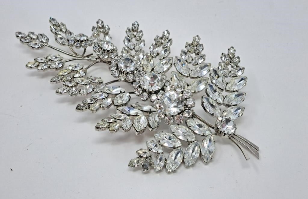 Large Vintage Silver Crystal Leaf Brooch