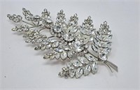 Large Vintage Silver Crystal Leaf Brooch