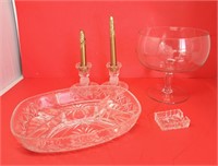 Raised Glass Bowl, Pair of Candle Stick holders,