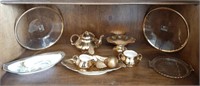Royal Winton Painted gold tea pot, sugar bowl,
