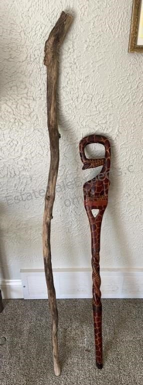 African Carved Walking Stick and Wood Stick