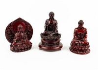 Lot Of 3 Chinese Buddha Red Resin Figurines