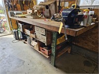 WOOD TOP WORK BENCH W/VISE NO CONTENTS SELLS