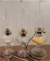 3 electrified oil lamps w/nice glass chimneys