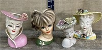 4 ladies head vases - none are perfect