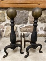Pair of Period Iron Andirons with Brass Ball Top