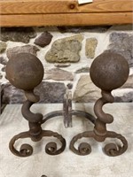 Pair of Iron Spiral Andirons with Cannonball Tops
