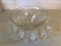 Grape Pattern Glass Punch Bowl Set