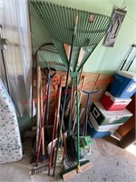 Assorted Lawn Tools- Rakes, Brooms & More