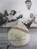 Ty Cobb Signed Red and Blue Stitched Baseball