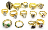 14 Gold Tone Rhinestone rings