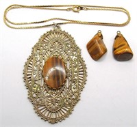Gold Tone Tiger Eye Necklace & Earrings
