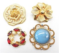(4) FLOWER GOLD TONE BROOCHES