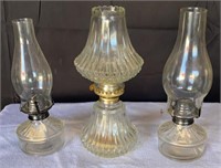 3 Vintage Glass Oil Lamps w/ Chimneys