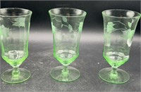 3 Uranium Green Wine Glass with Etched Flowers
