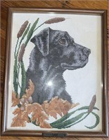 Cross Stitched Black Lab w/ Leaves & Cattails