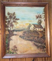 Painting of Village Scene Near Water